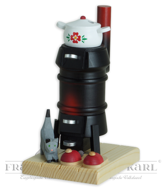 Rauchofen, schwarz mit geschnitzter Katze