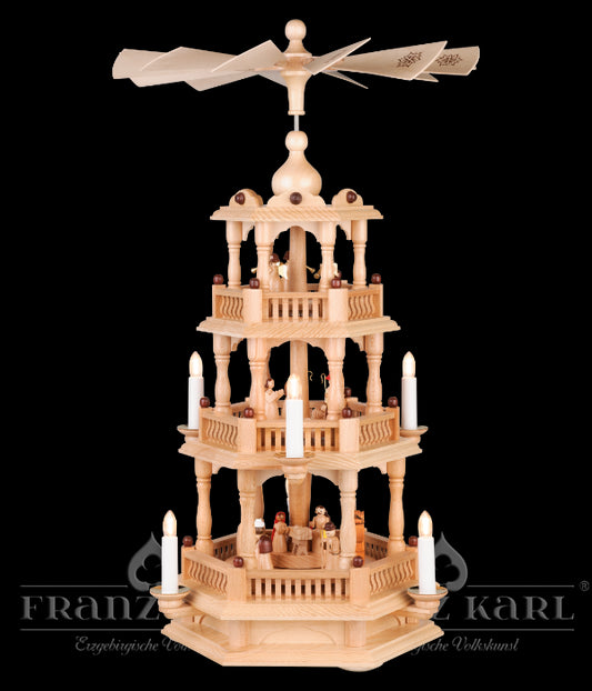 Weihnachtspyramide Christi Geburt, 3 Etagen mit Barockzaun, elektrisch