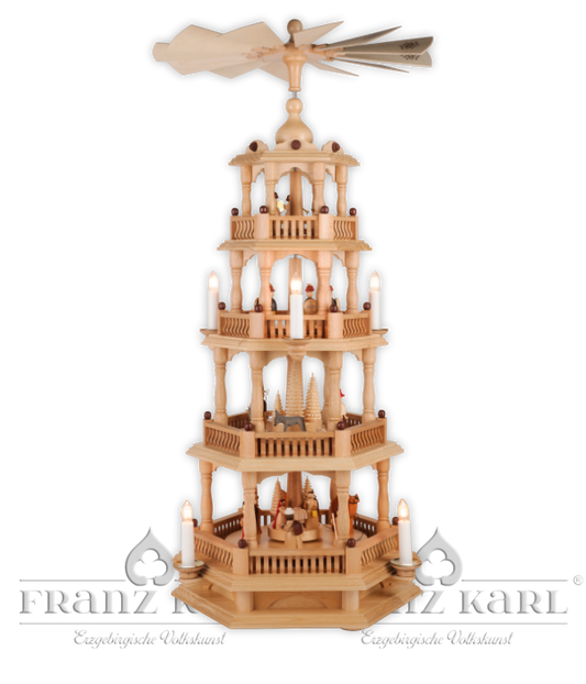 Weihnachtspyramide Christi Geburt, 4 Etagen mit Barockzaun, elektrisch